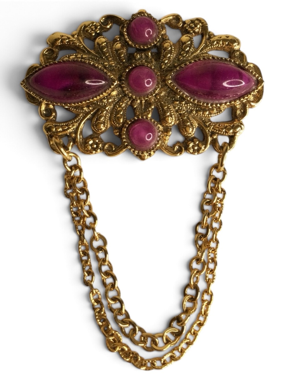 Vtg Gold‑Tone Czech Influenced Filigree Brooch Purple Opaline Cabochons & Chains
